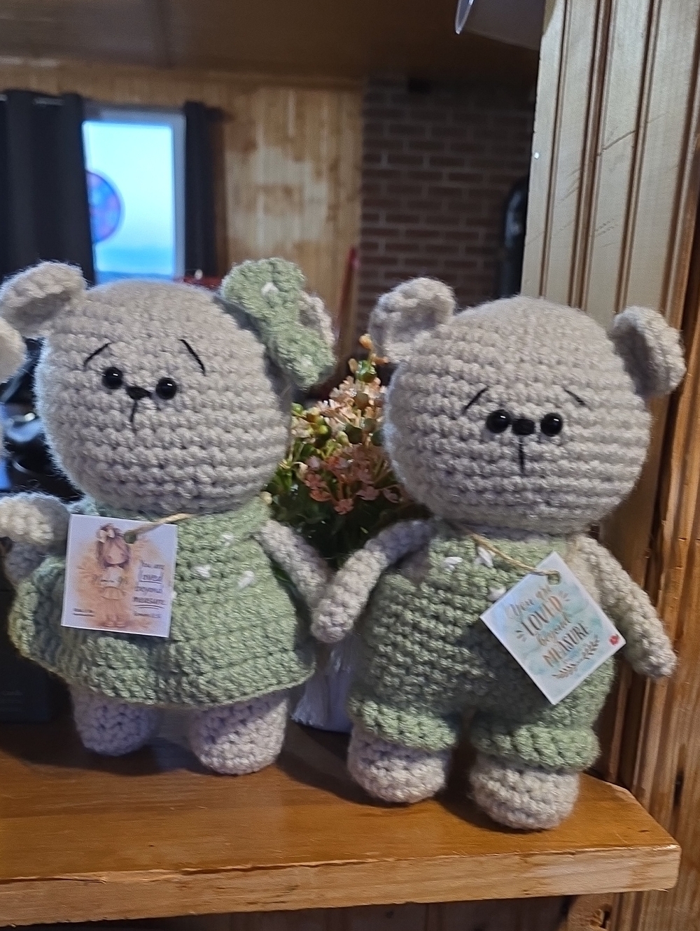 Handmade Crochet Pray Bear Pair in Light Gray and Mint Green In PEI